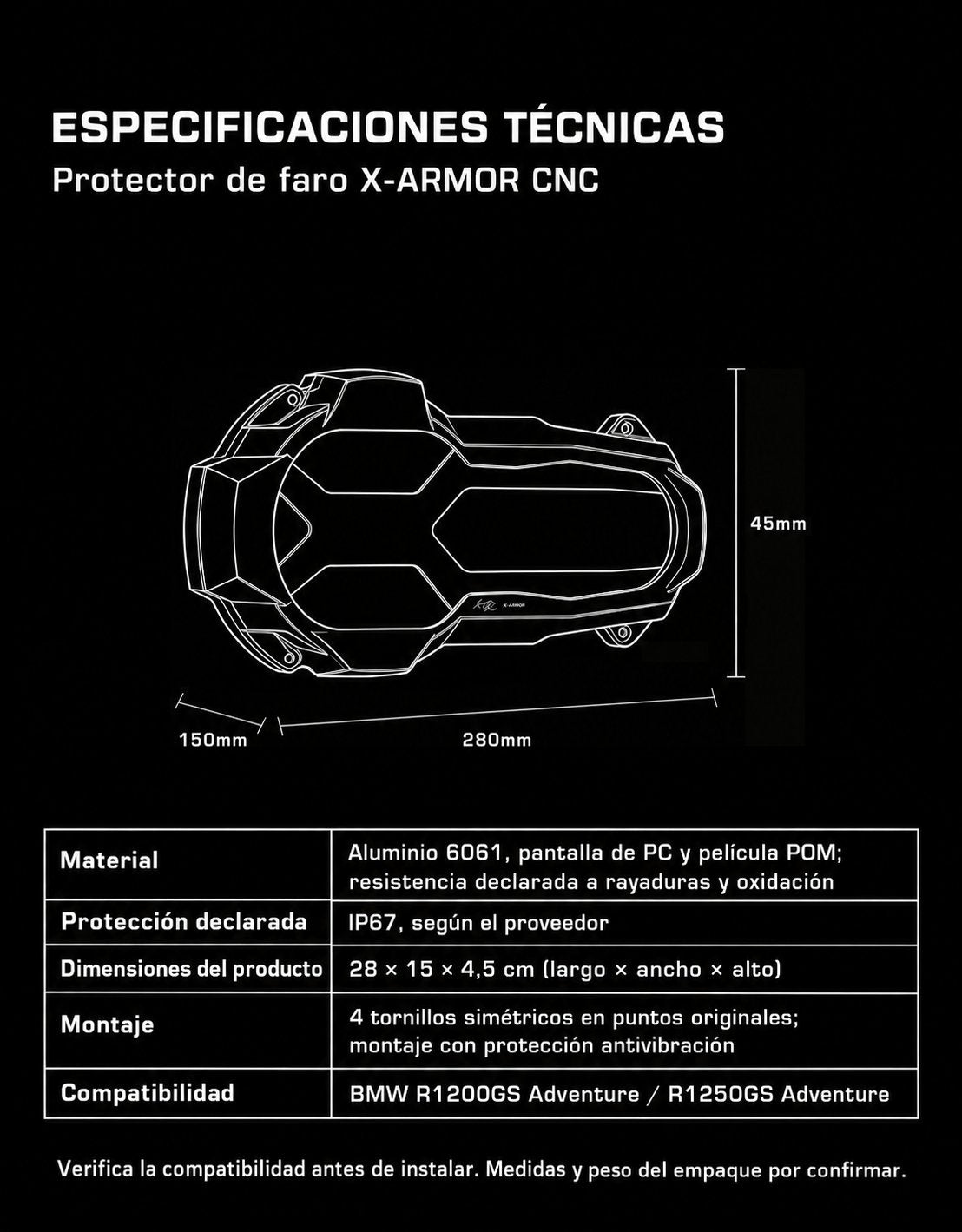XTXZ | Protector de faro X-ARMOR CNC para BMW R1200/1250GS Adventure — ficha técnica en español