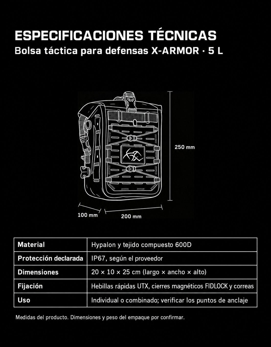 XTXZ | Bolsa táctica para defensas X-ARMOR · 5 L — ficha técnica en español