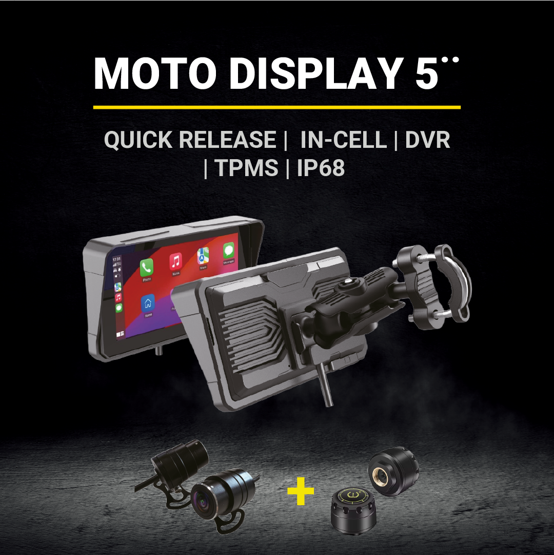 Moto Display Universal 5" 2026 — CarPlay y Android Auto + Cámara DVR + TPMS