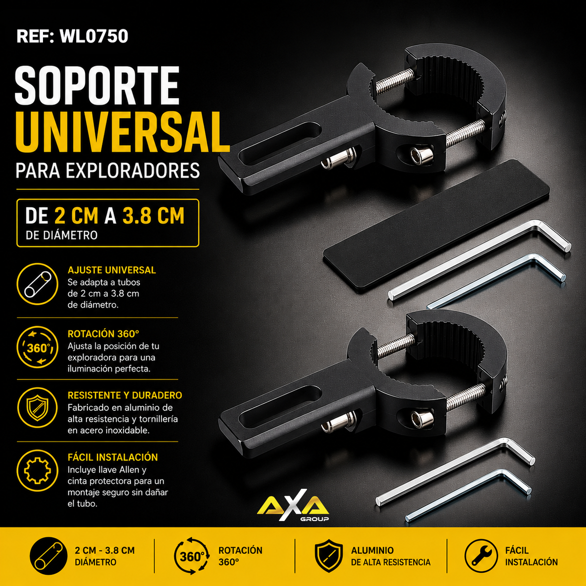 Soporte Universal para Exploradoras – Defensas Tubulares 2 a 3.8 cm