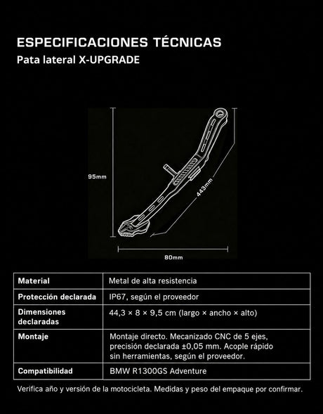 XTXZ | Pata lateral X-UPGRADE para BMW R1300GS Adventure — ficha técnica en español
