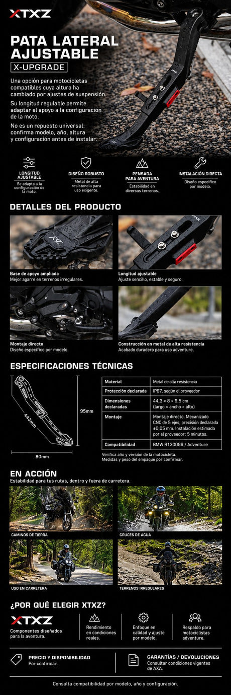 XTXZ | Pata lateral ajustable X-UPGRADE para BMW R1300GS / Adventure — información en español