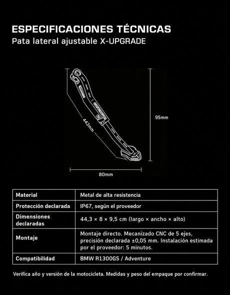 XTXZ | Pata lateral ajustable X-UPGRADE para BMW R1300GS / Adventure — ficha técnica en español