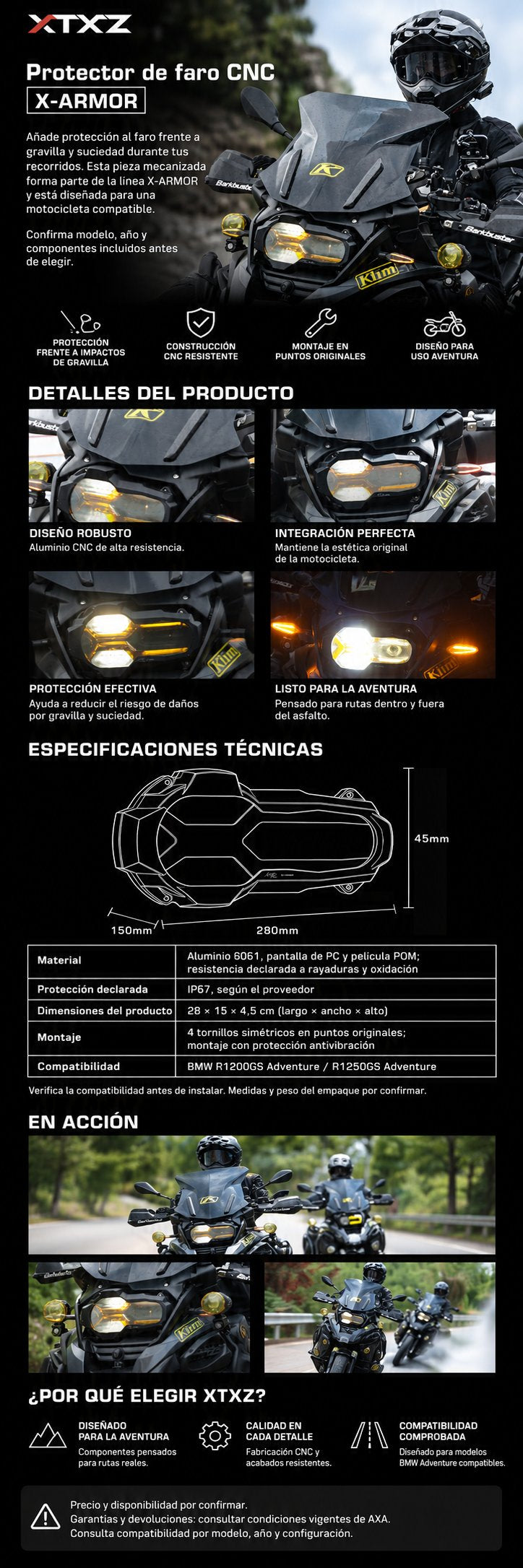 XTXZ | Protector de faro X-ARMOR CNC para BMW R1200/1250GS Adventure — información en español
