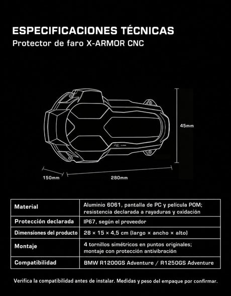 XTXZ | Protector de faro X-ARMOR CNC para BMW R1200/1250GS Adventure — ficha técnica en español